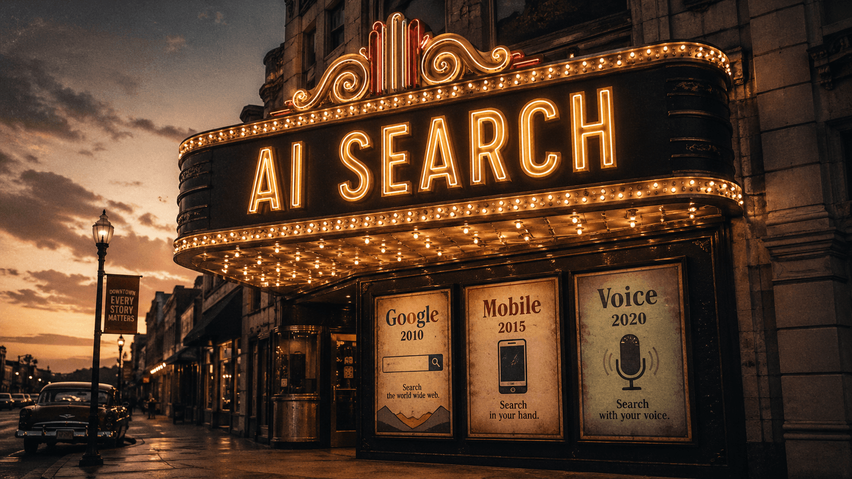 A vintage movie theater marquee at dusk lit up with the words AI Search in warm gold neon, with period posters below labeled Google 2010, Mobile 2015, Voice 2020