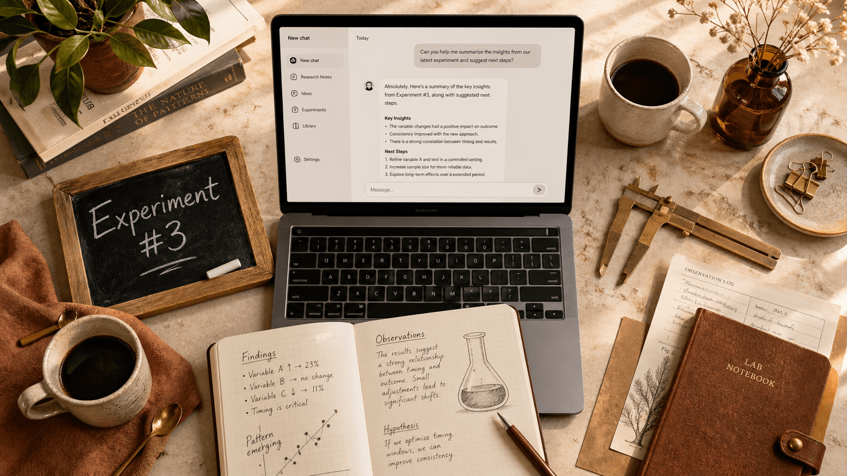 A warm editorial home-lab still life: a laptop showing a chat interface, a small chalkboard reading Experiment #3, brass calipers, a notebook with handwritten findings and a small flask sketch, two coffee cups, fabric in rust tones
