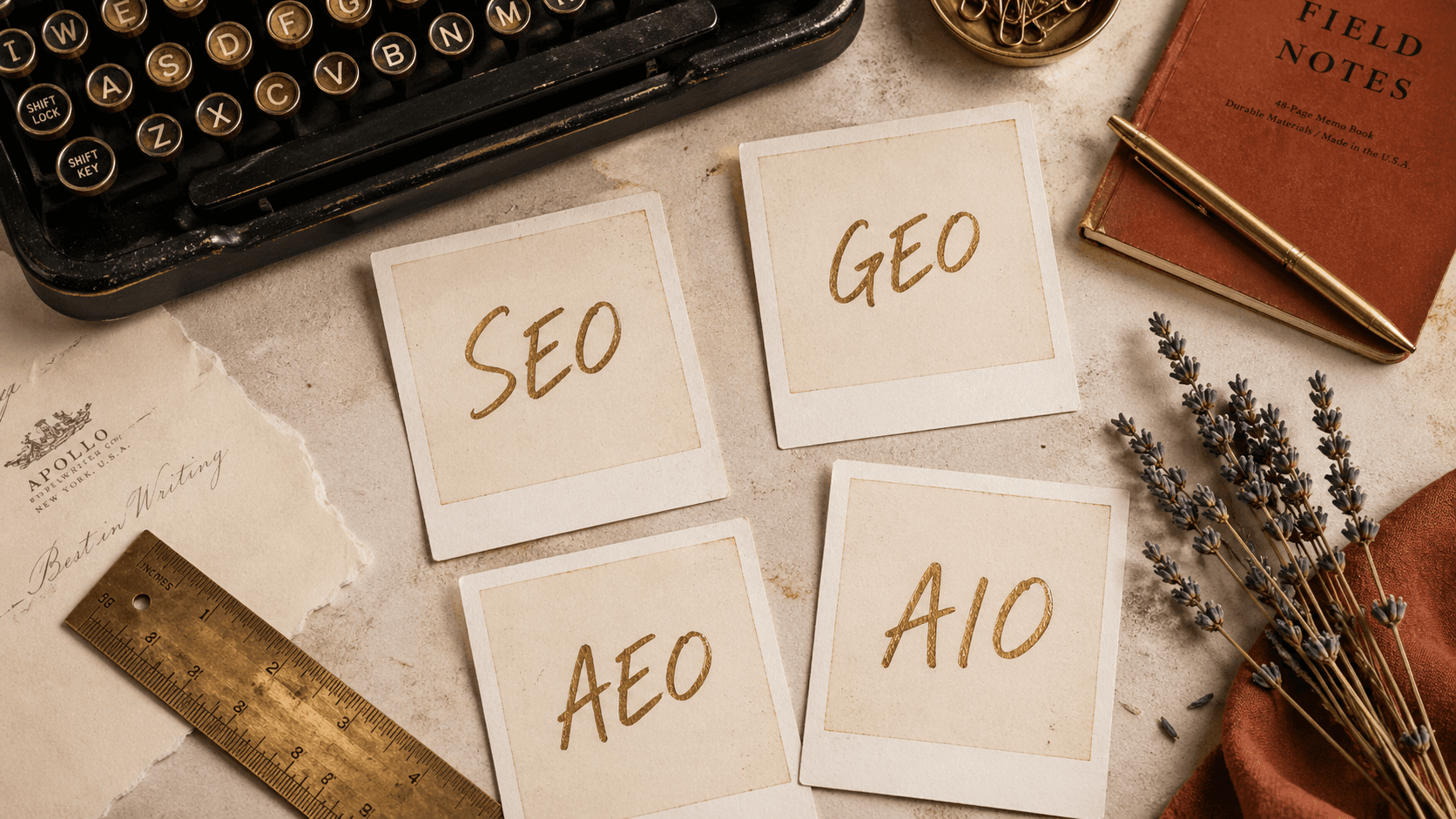 Four Polaroid-style cards labeled SEO, GEO, AEO, and AIO in handwritten gold ink, scattered on a flat lay with a vintage typewriter, brass ruler, dried lavender, and a Field Notes journal