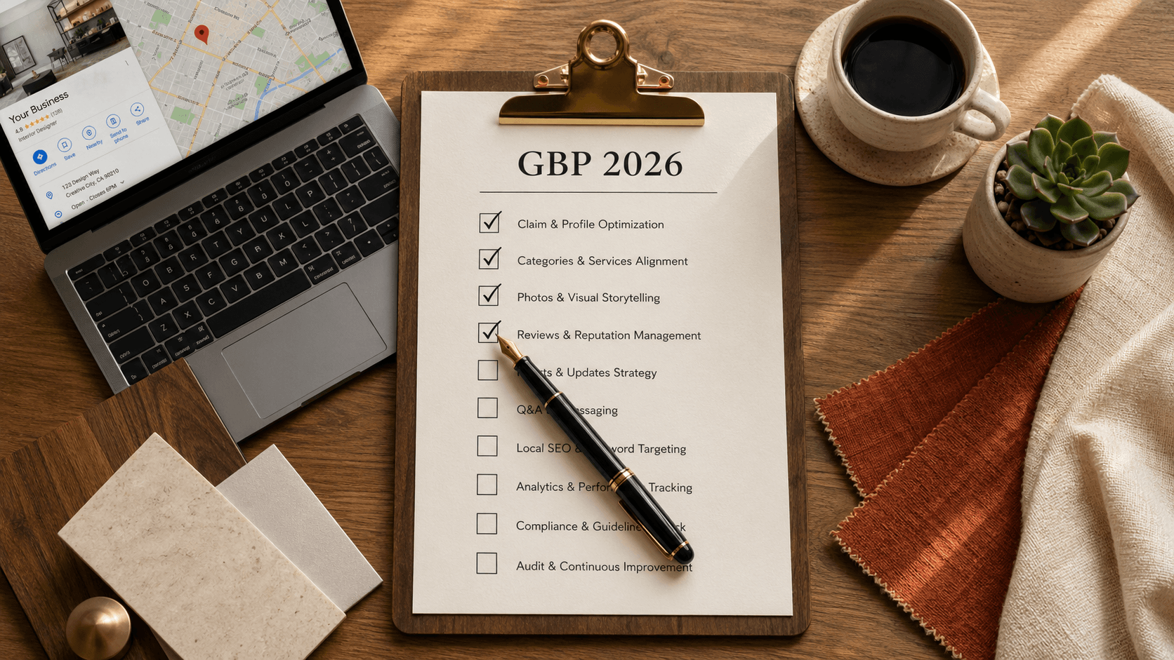 A wooden desk with a clipboard holding a printed checklist titled GBP 2026, several boxes already checked, a fountain pen resting on it, alongside a laptop showing a Google Maps view, a coffee cup, a small succulent, and fabric samples in rust tones