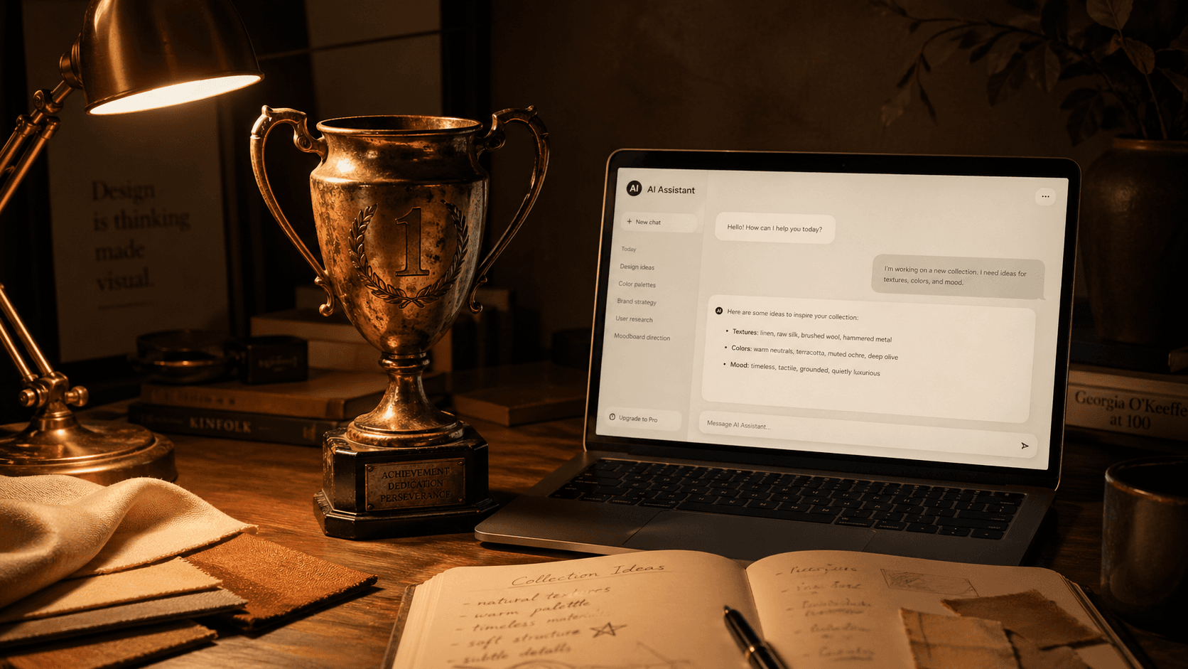 A moody desk scene at night: a tarnished vintage gold trophy lit warmly by a brass desk lamp, beside a modern laptop showing a glowing AI chat interface, with an open notebook of handwritten notes in the foreground