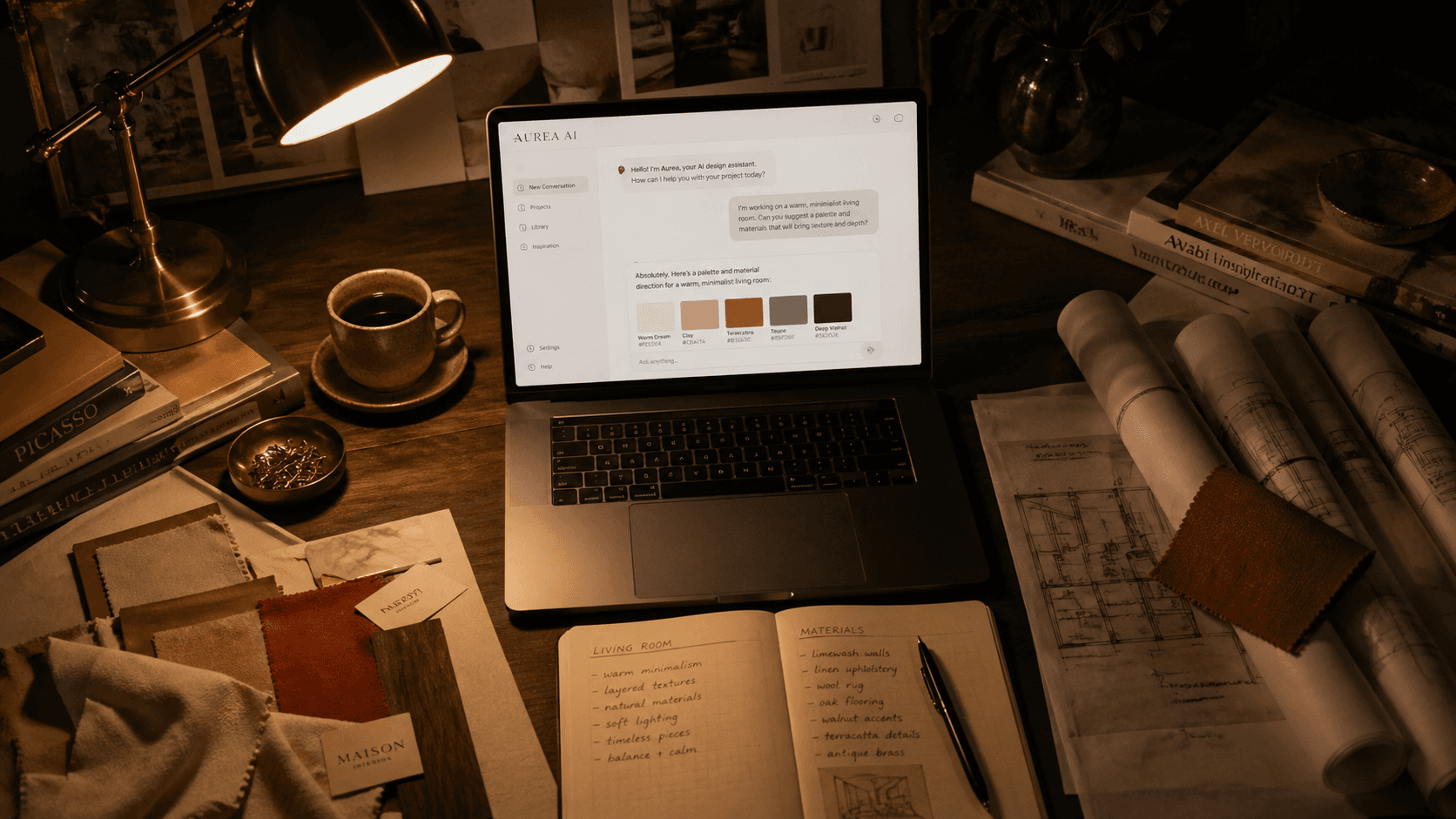 A moody overhead photograph of a design studio at night: a laptop screen glowing with a chat interface, surrounded by rolled blueprints, fabric swatches in rust tones, a brass desk lamp casting warm light, and an open notebook with handwritten lists