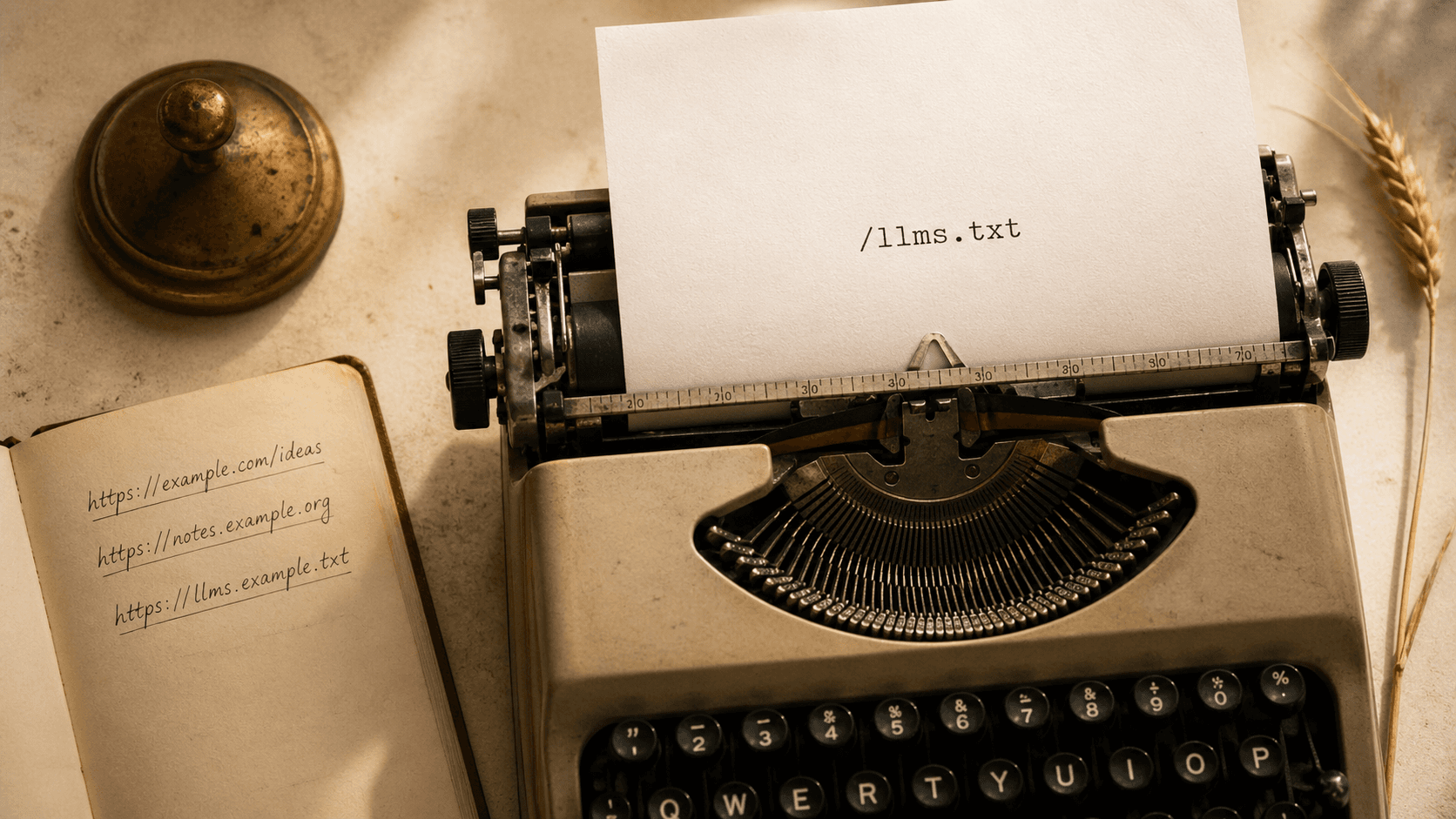 An overhead photograph of a vintage typewriter with a sheet of paper rolled in, the page typed with /llms.txt at the top. Beside the typewriter, an open notebook with handwritten URLs, a brass paperweight, a sprig of dried wheat