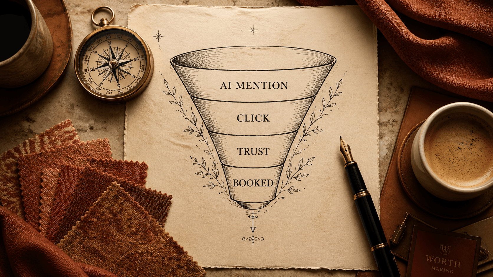 An overhead still life of a hand-drawn funnel diagram on cream paper with the stages AI MENTION, CLICK, TRUST, and BOOKED labeled in ink, surrounded by a brass compass, a fountain pen, two coffee cups, and rust-colored fabric swatches