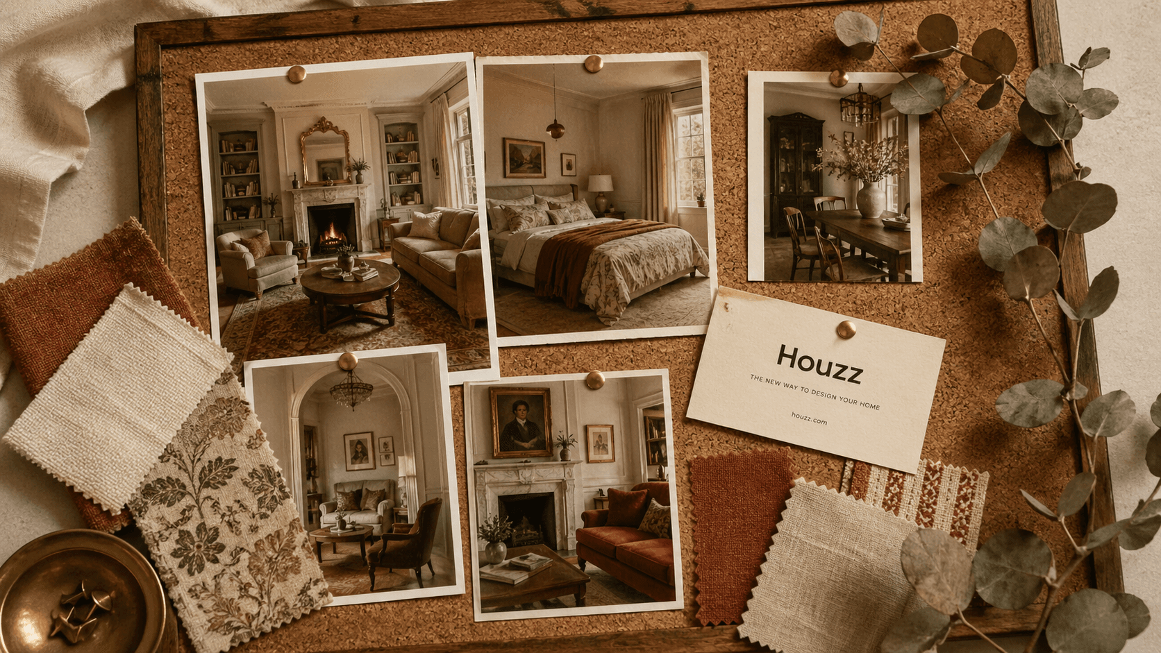 A vintage corkboard layered with printed photographs of warm, traditional interior rooms, a small Houzz business card pinned at an angle, fabric swatches in rust tones, and a sprig of eucalyptus